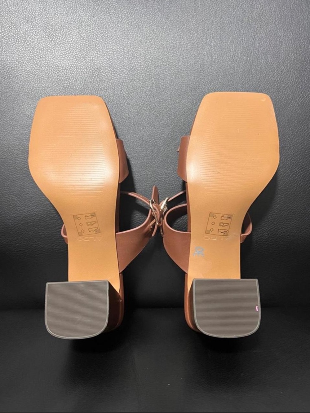 Aldo Tan Brown Square-Toe Strappy Block Heel Sandals - Picture 2 of 4